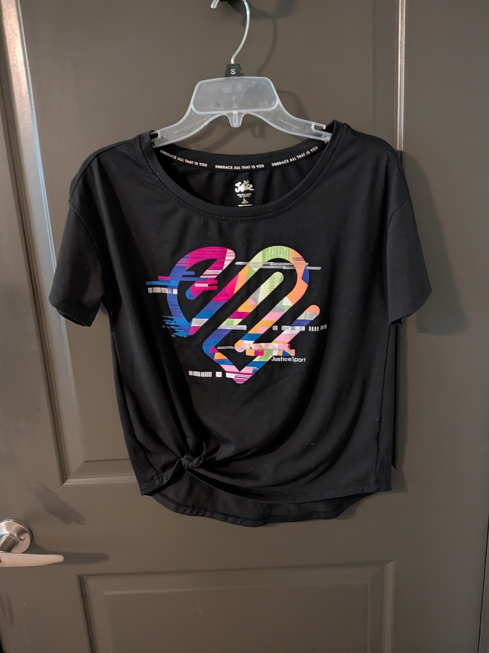 Justice Black Tee with Multicolor Striped Heart